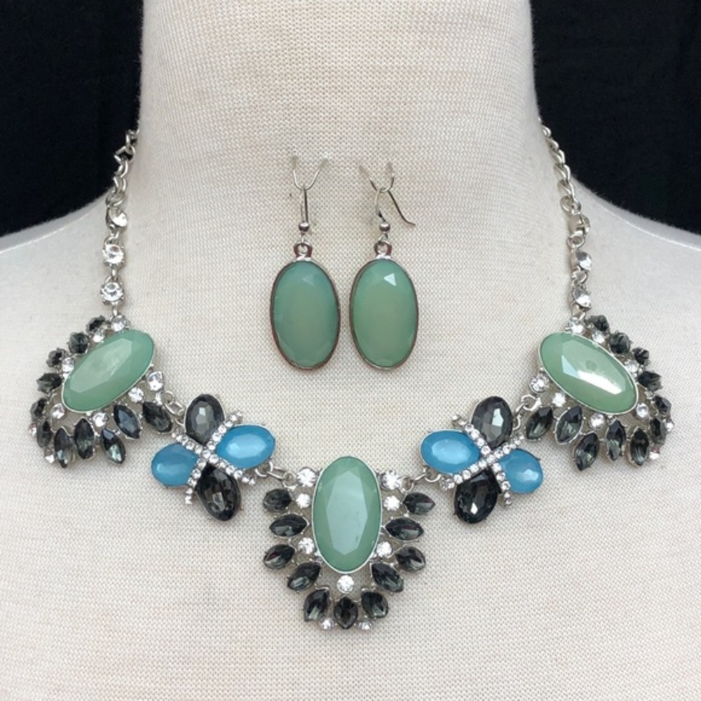 Unique Mint Green Aqua Blue Grey Rhinestone Statement Necklace Earrings Set